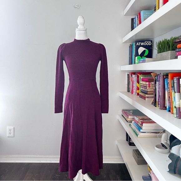Pamela Love Size S Sweater Shift Dress Maroon Ribbed Mock Neck Long Sleeves - Picture 2 of 14